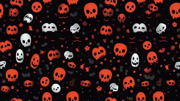черно-красный узор на Хэллоуин с черепами и сердечками