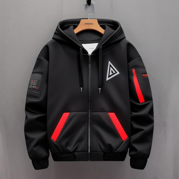 A black and red jacket with a logo on it