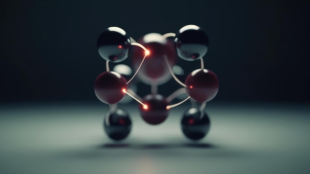 A black and red model of a molecule with the red lights on.