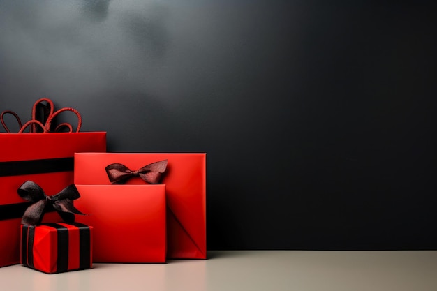 Black and red package and shopping bags on a black background Black Friday and Cyber Monday sales