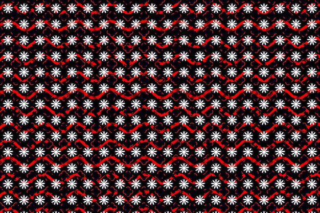 A black and red pattern with white flowers and red lines.