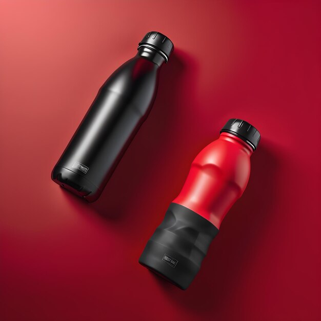 макет черной и красной пластиковой бутылки на красном фоне