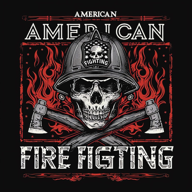 Photo a black and red poster of an american firefighter with a helmet on it