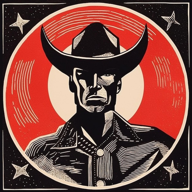 카우보이 모자를 입은 남자의 검은색과 빨간색 포스터와 배경에 별이 있는 빨간색 원.