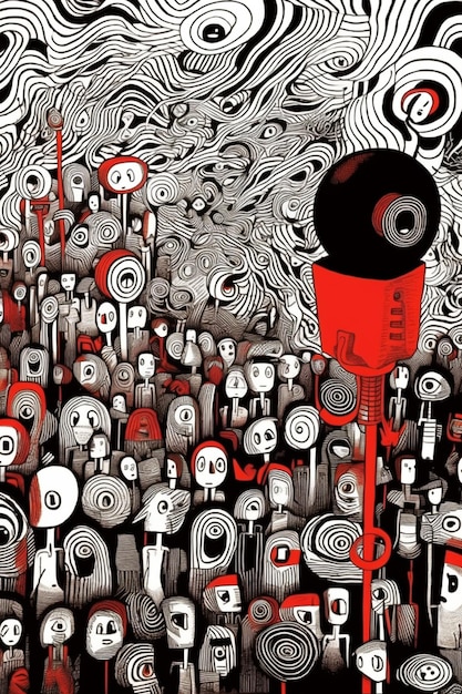 A black and red poster with a black and white drawing of a crowd of people.