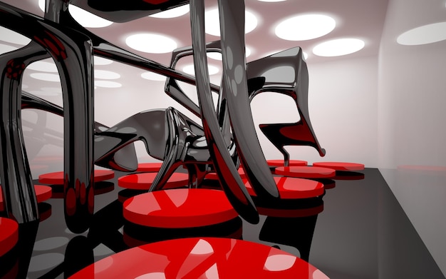 A black and red room with a black and white floor and red chairs