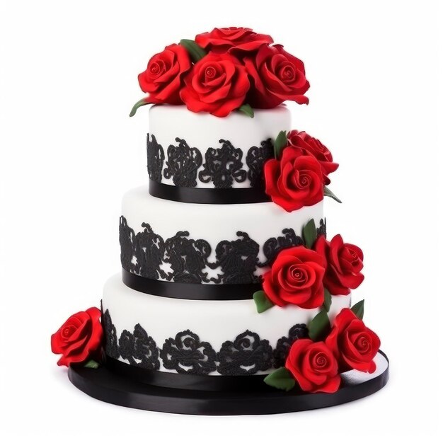 Photo black and red rose wedding cake isolated on white