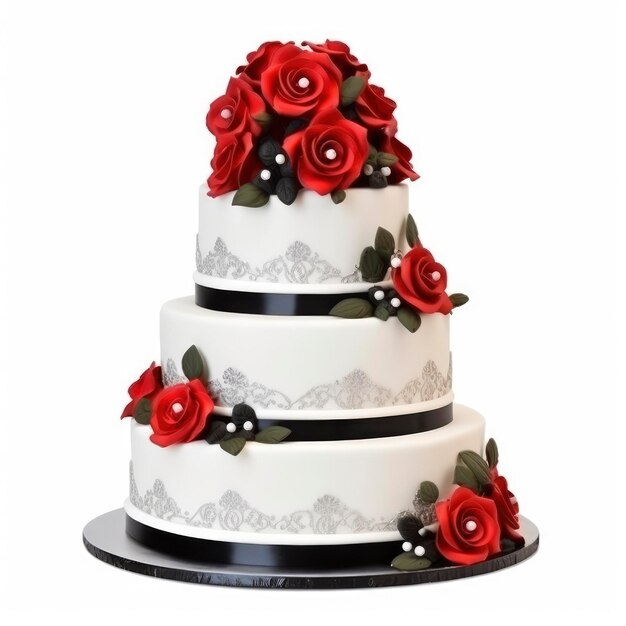 Photo black and red rose wedding cake isolated on white