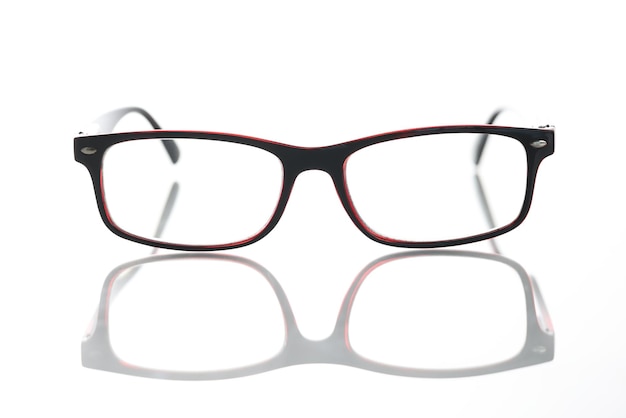 Black red stylish fashion glasses on white background choice of optics for farsightedness and