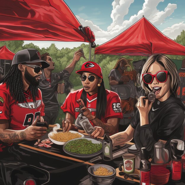 Photo black and red tailgating party where eagles fly and cannabis satisfies