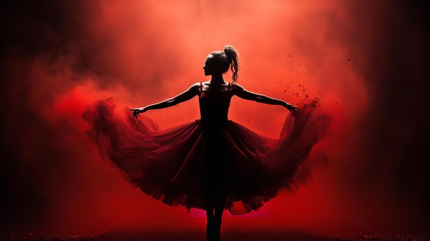 A black and red tutudressed female ballet dancer silhouetted against a dark backdrop with red smoke generative ai