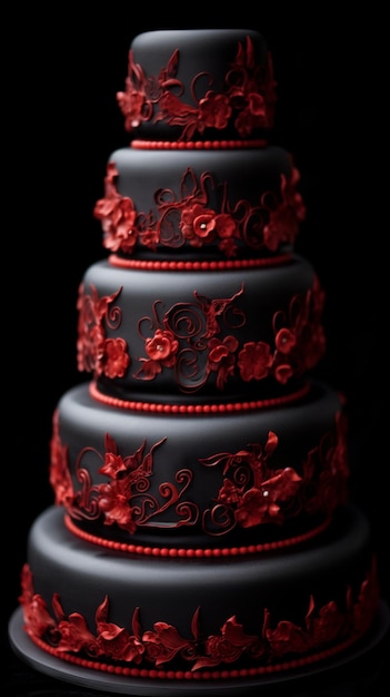 Black and red wedding cake with a red ribbon and flowers.