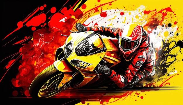 Black red and yellow motorcycle accelerates fast and drags generative AI