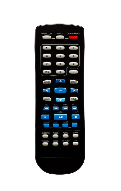 Black remote control on white background isolated