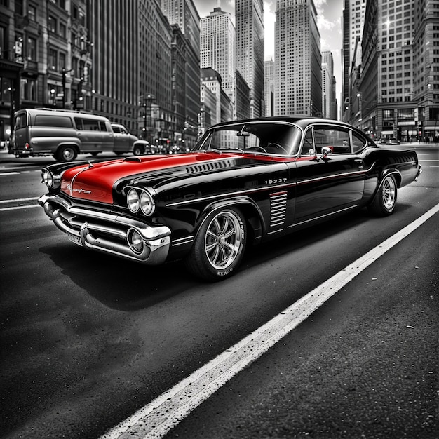 Black retro car with a red hood