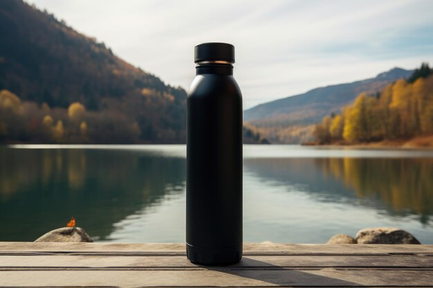 Black reusable thermos water bottle with a lake