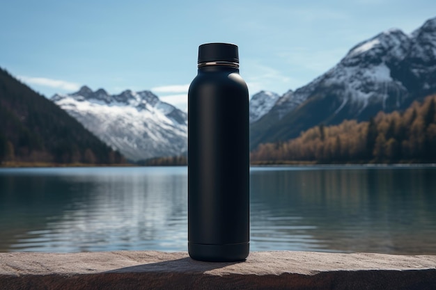 Black reusable thermos water bottle with a lake