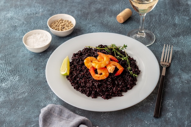 Black rice risotto with shrimp.