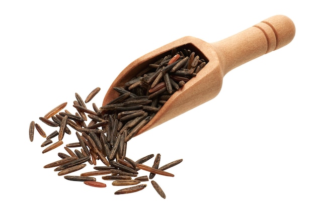 Black rice in a wooden scoop