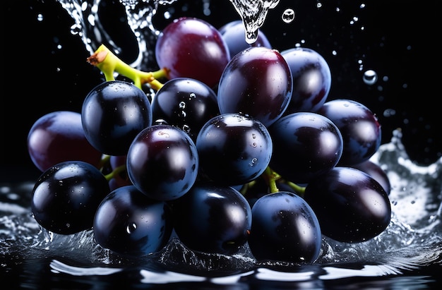 Foto le uve nere mature cadono nell'acqua, spruzzano e cadono gocce d'acqua in tutte le direzioni.