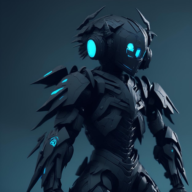 A black robot with blue eyes and a glowing face.