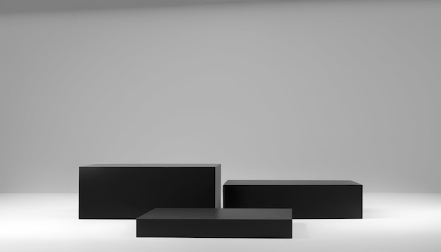 Black rock pedestal or podium display with stone platform concept on dark background Blank shelf