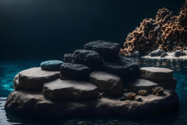 Black rock podium with stone corals background