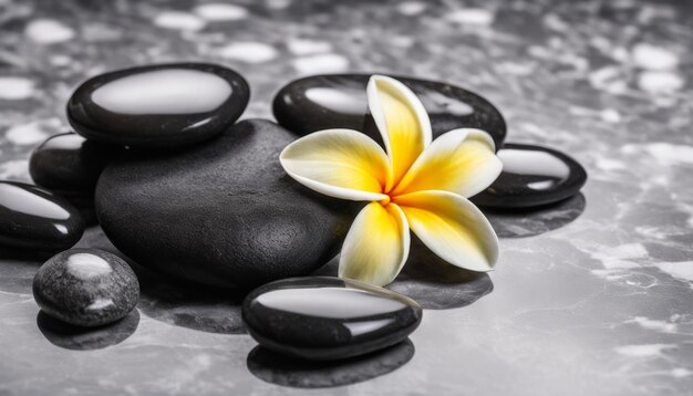 A black rock with a white flower on top