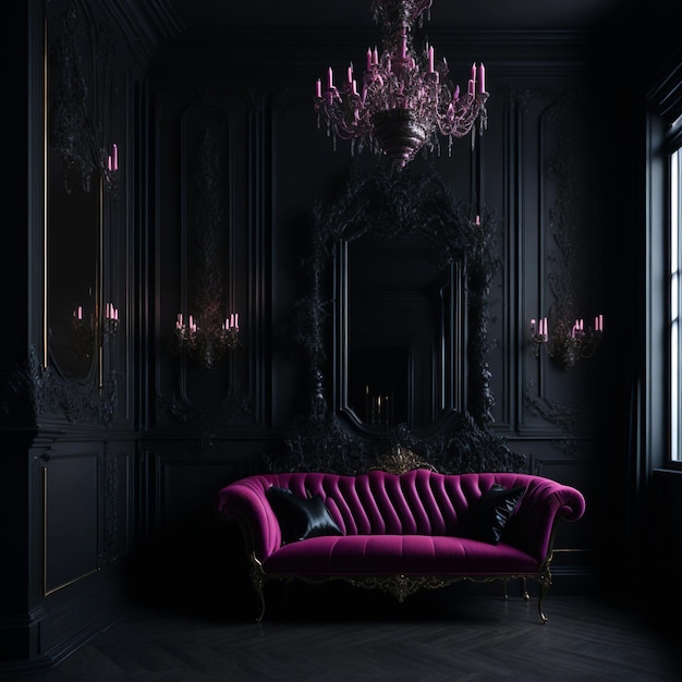 Черный интерьер комнаты с винтажным розовым диваном, люстрами, зеркалом и камином, украшенным цветами