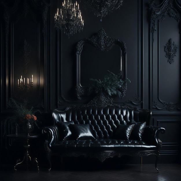 黒い部屋のインテリアは,ヴィンテージのソファ,シャンデリア,鏡,花で飾られた暖炉です.