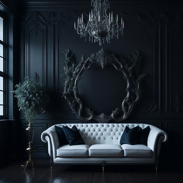 Black room interior with a vintage white sofa chandelier mirror and fireplace decorated with flowe