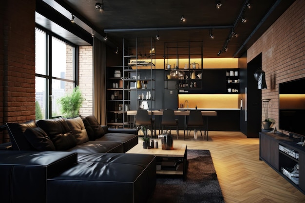 A black room with a bar and a black sofa.