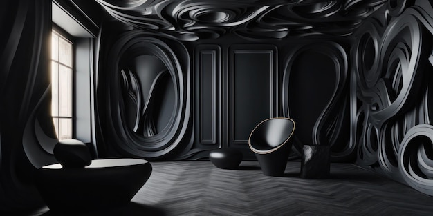 A black room with a black ceiling and black furniture.