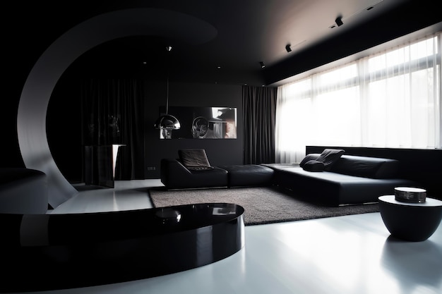 A black room with a black couch and a black sofa.