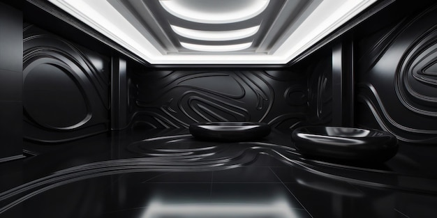 A black room with a black floor and a white ceiling with a light on it.