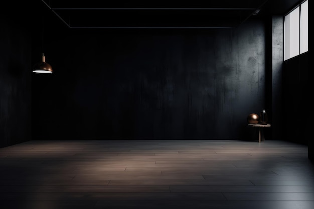 A black room with a black wall and a lamp