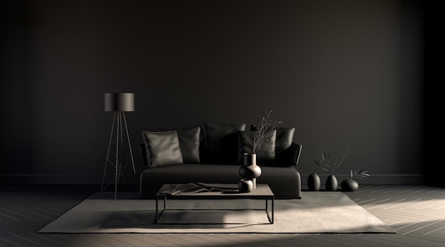 Black room with empty wall single sofa plant carpet in\
monochrome black color