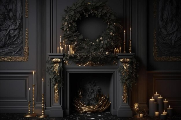 A black room with a fireplace and candles on the mantle.