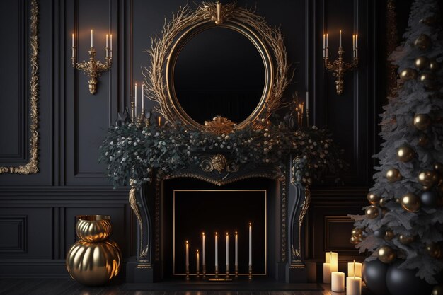 A black room with a fireplace and candles.