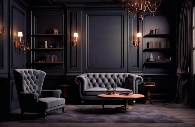 A black room with furniture and a chair