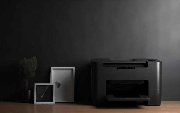 A black room with a printer and a plant on the right side.