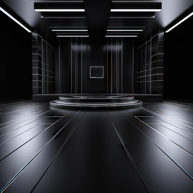 Foto una stanza nera con un podio rotondo al centro.