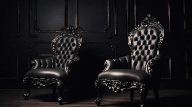 A black room with a set of chairs and a black wall.