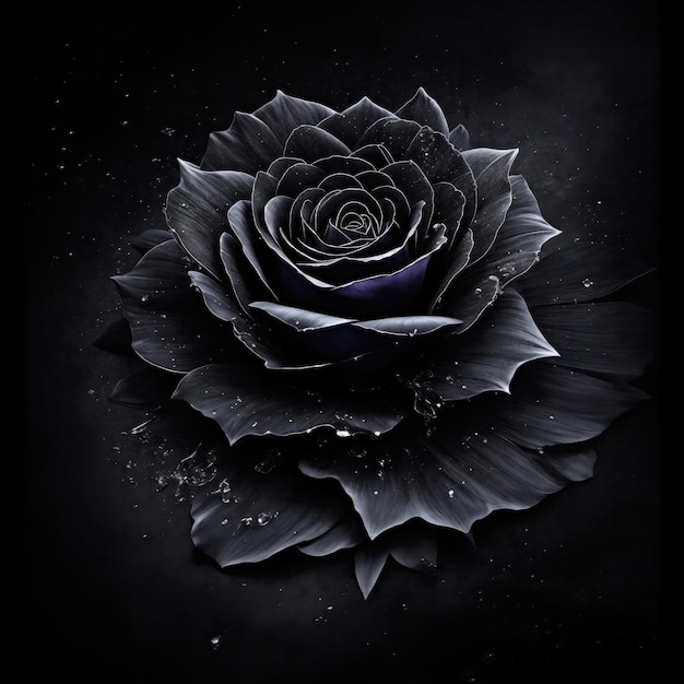 A black Rose flower with water splash