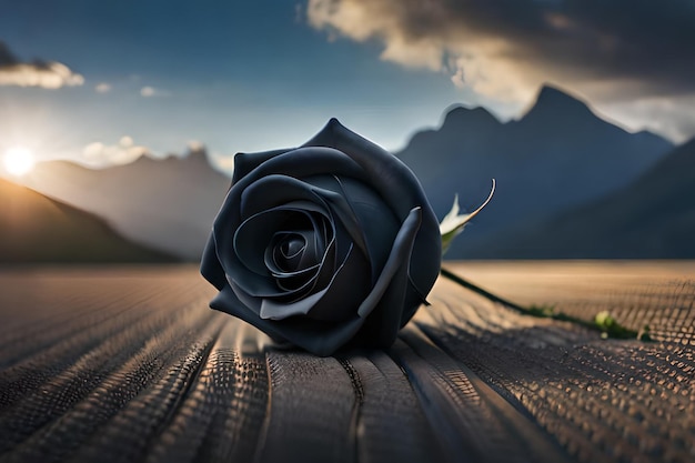 A black rose sits on the ground in front of a mountain.