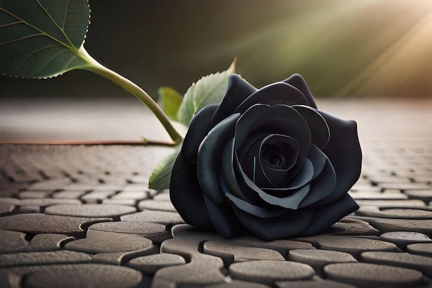 A black rose sits on a stone floor with the sun shining on it.