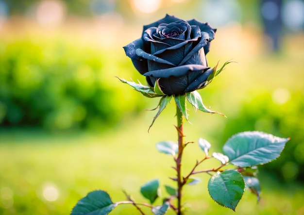 black rose with dew drops in a green garden