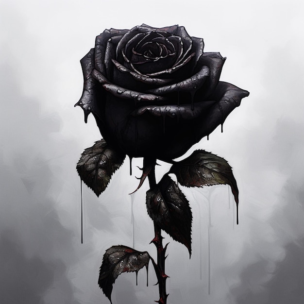 Черная роза с капающей краской и капающей вниз по стеблю.