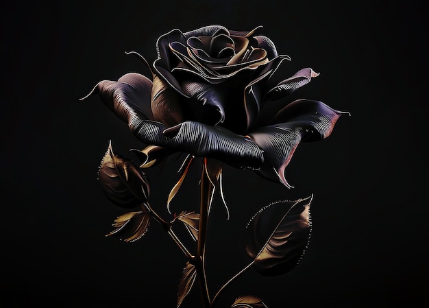 A black rose with gold leaves and a black background