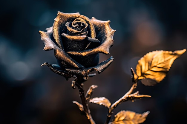 A black rose with gold leaves